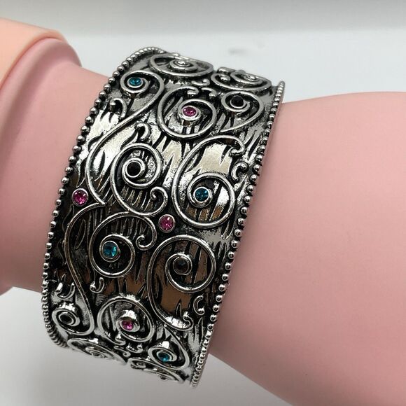 Silver Tone Metal Multicolor Rhinestone Cuff Bracelet Statement Boho Embossed - Picture 1 of 6